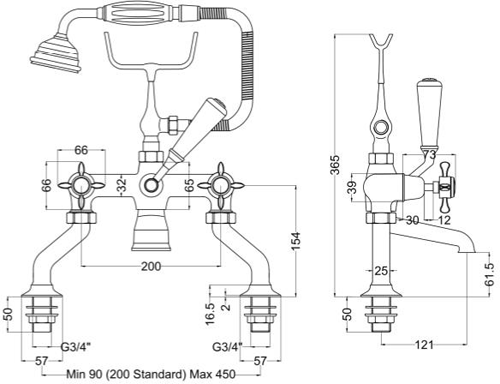 Additional image for 3 Hole Basin & Bath Shower Mixer Tap With Cranked Legs (Chrome).