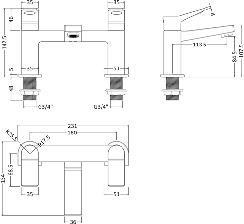 Additional image for Bath Filler Tap With Lever Handles (Chrome).