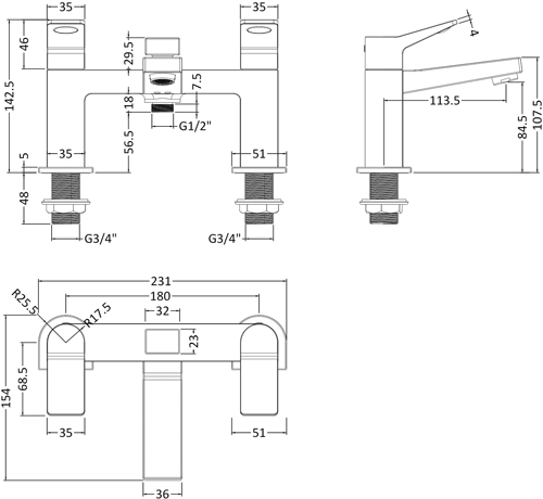 Additional image for Bath Shower Mixer Tap With Lever Handles (Chrome).