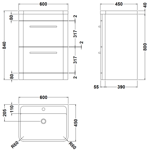 Additional image for Floor Standing 600mm Vanity Unit, BTW & Tall Unit (White).