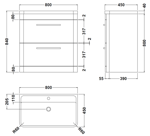 Additional image for Floor Standing 800mm Vanity Unit, BTW & Tall Unit (Grey).