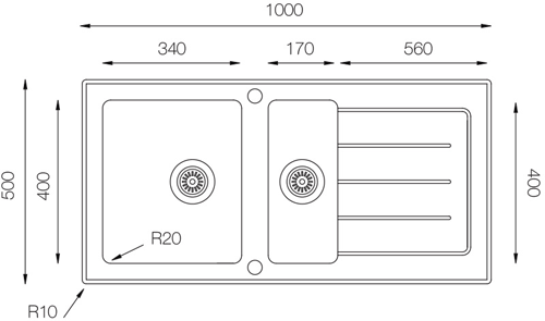 Additional image for Inset Kitchen Sink (1000/500mm, Black & Stainless Steel).