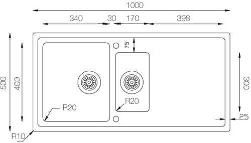 Additional image for Flush Mount Kitchen Sink (1000/500mm, S Steel, LH).