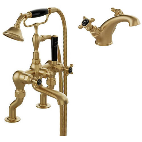 Additional image for Basin & Bath Shower Mixer Tap Pack With Crosshead Handles (Brushed Brass).