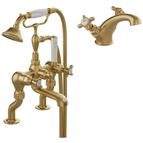 Additional image for Basin & Bath Shower Mixer Tap Pack With Crosshead Handles (Brushed Brass).
