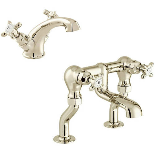 Additional image for Basin & Bath Filler Tap Pack With Crosshead Handles (Bright Nickel).