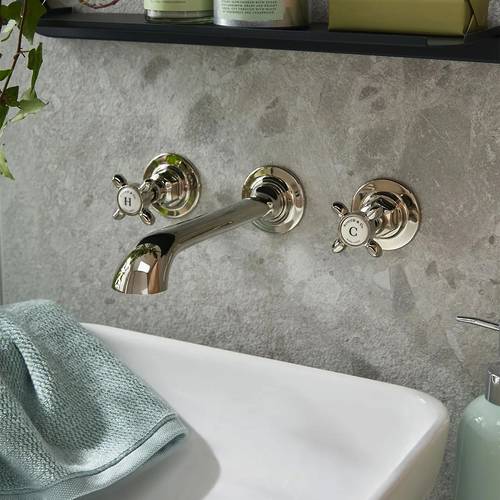 Additional image for Wall-Mounted Basin Mixer Tap With Crosshead Handles (Bright Nickel, 3TH).