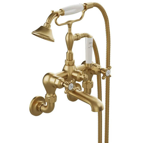 Additional image for Wall-Mounted Bath Shower Mixer Tap With Crosshead Handles (Brushed Brass).
