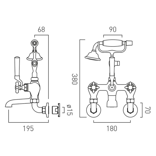 Additional image for Wall-Mounted Bath Shower Mixer Tap With Crosshead Handles (Chrome).