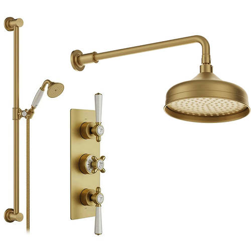 Additional image for Thermostatic Shower Valve With Slide Rail Kit & Fixed Head (Brushed Brass).