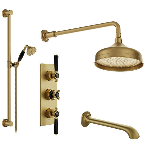 Additional image for Thermostatic Shower Valve With Slide Rail Kit, Head & Bath Spout (Brushed Brass).