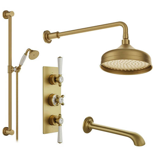 Additional image for Thermostatic Shower Valve With Slide Rail Kit, Head & Bath Spout (Brushed Brass).
