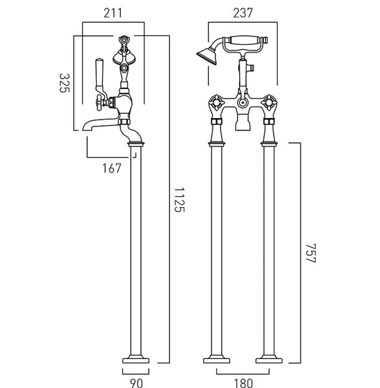 Additional image for Freestanding Bath Shower Mixer Tap With Crosshead Handles (Bright Nickel).