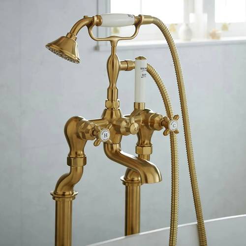 Additional image for Freestanding Bath Shower Mixer Tap With Crosshead Handles (Brushed Brass).