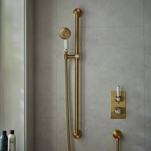 Additional image for Thermostatic Shower Valve With Slide Rail Kit & Fixed Head (Brushed Brass).