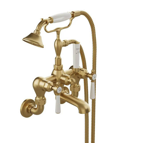 Additional image for Wall-Mounted Bath Shower Mixer Tap With Lever Handles (Brushed Brass).