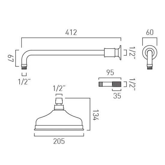 Additional image for Traditional Shower Head & Arm (200mm, Brushed Brass).