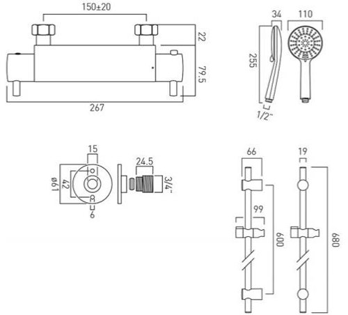 Additional image for Celsius 3/4" Thermostatic Shower Pack & Brackets.
