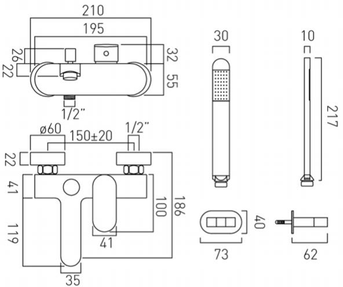 Additional image for Wall Mounted Bath Shower Mixer Tap With Kit (Chrome).