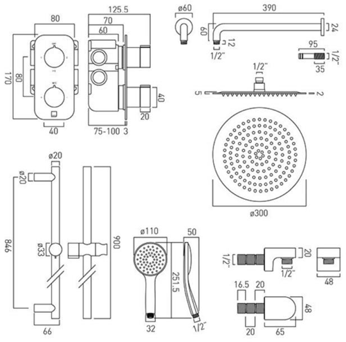 Additional image for Thermostatic Shower Set With 2 Outlets (Chrome).