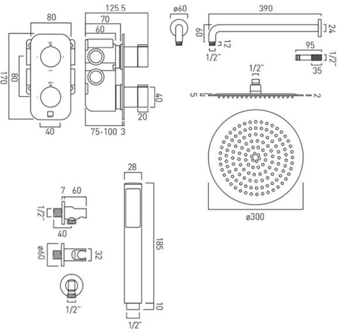 Additional image for Thermostatic Shower Set With 2 Outlets (Chrome).