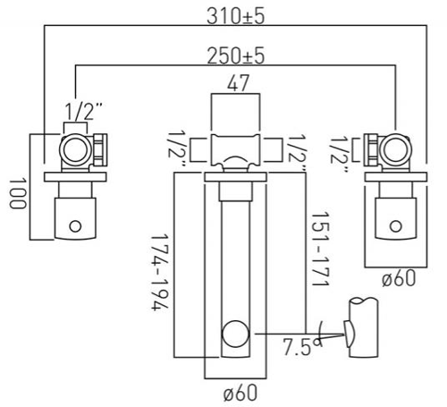 Additional image for Wall Mounted 3 Hole Basin Mixer Tap (Chrome).