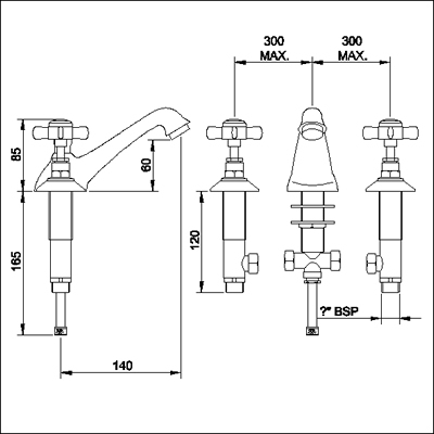 Additional image for 3 Tap Hole Basin Mixer + free Pop-up Waste (Chrome)