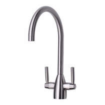 Hydra mia kitchen tap with twin lever controls (brushed steel).