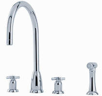 Perrin & rowe callisto 4 hole kitchen tap, x-head handles & rinser (chrome).