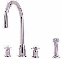 Perrin & Rowe Callisto 4 Hole Kitchen Tap, X-Head Handles & Rinser (Nickel).