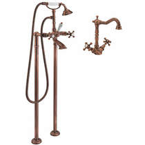Tre Mercati Allora Basin Mixer & Floor Standing Bath Shower Mixer Tap (Copper).